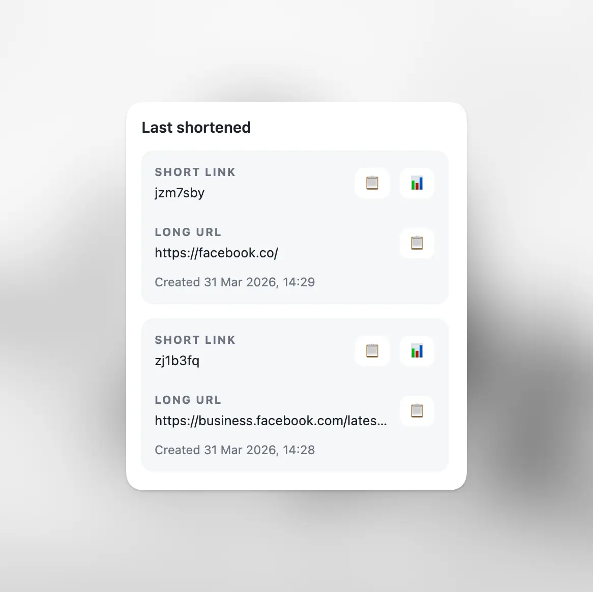 Ekrano kopija „Chrome“ plėtinio paskutinių sutrumpintų URL funkcija