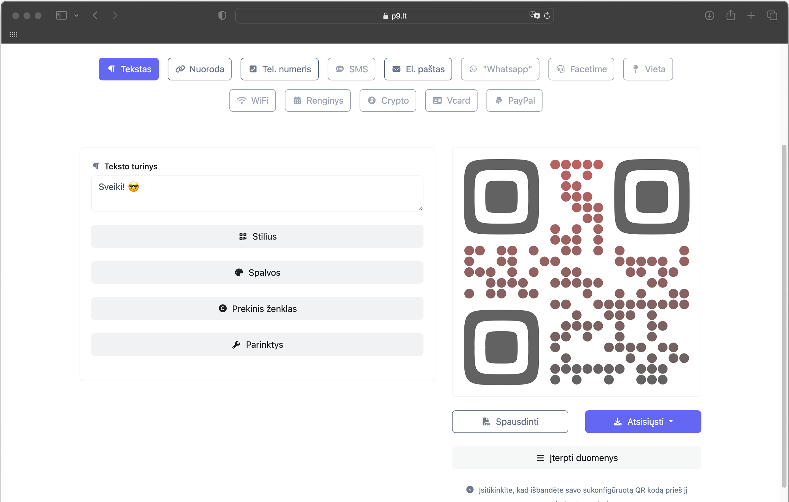 Ekrano vaizdas QR generavimo platformos